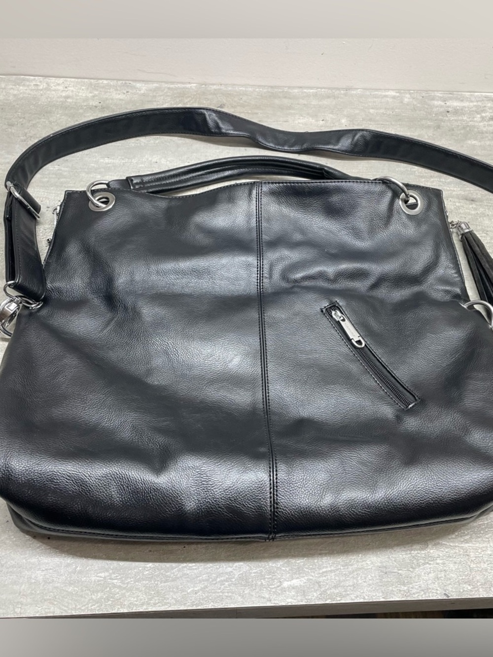 Cannci Hobo Bag Womens Large Black Leather Excellent Foldover Tassel Crossbody